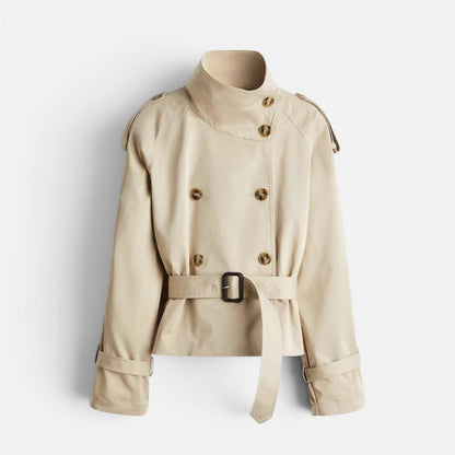 Women's Short Trench Jacket with High Collar and Belt