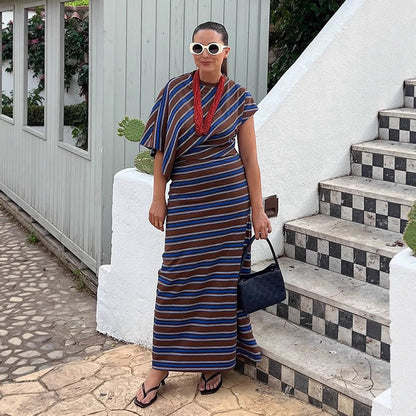 Women's Maxi Dress – Asymmetrical Cape Sleeve, Striped