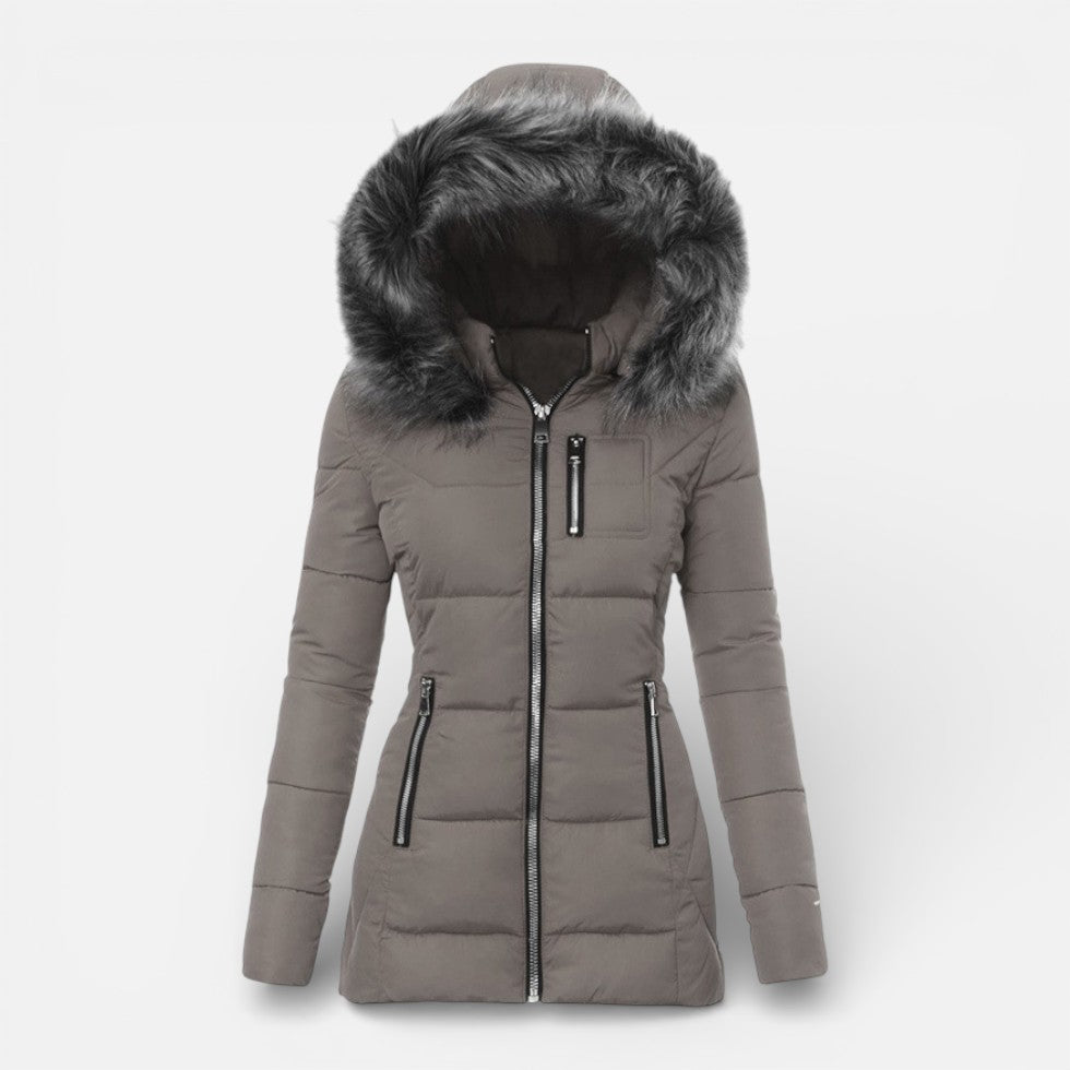 Women's Quilted Hooded Jacket with Faux Fur Trim