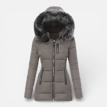 Women's Quilted Hooded Jacket with Faux Fur Trim