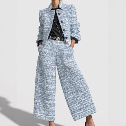 Women's Tweed Blazer Set – Wide-Leg Pants, Textured Woven