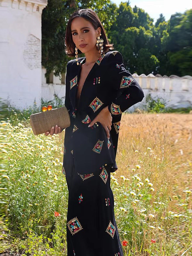 Women's Two-Piece Set – Jacquard Blazer, Wide-Leg Pants