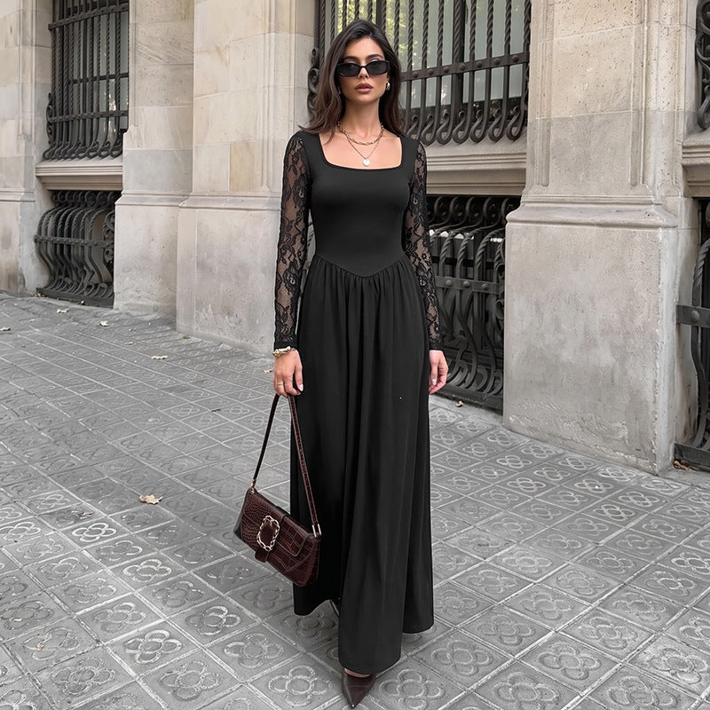 Women's Midi Dress – Lace Long Sleeve, Square Neck
