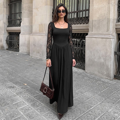Women's Midi Dress – Lace Long Sleeve, Square Neck