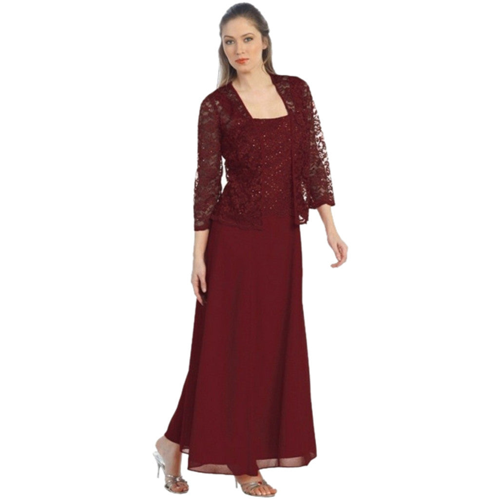 Women's Two-Piece Maxi Dress Set – Lace Bolero, Square Neck