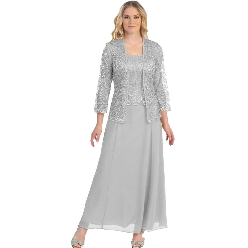 Women's Two-Piece Maxi Dress Set – Lace Bolero, Square Neck