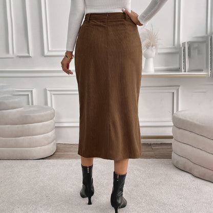 Women's Corduroy Midi Skirt – Front Slit, Elastic Waistband