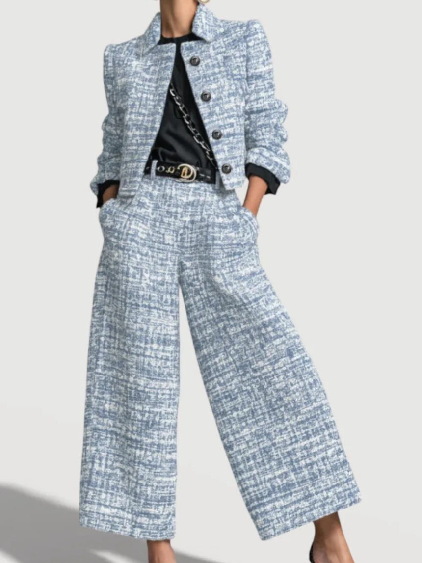 Women's Tweed Blazer Set – Wide-Leg Pants, Textured Woven