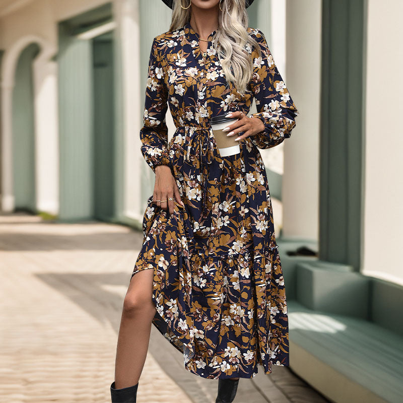 Women's Midi Dress – Floral, Long Sleeve, Tiered Hem