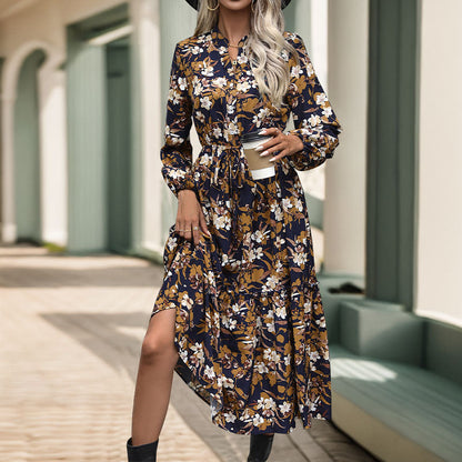 Women's Midi Dress – Floral, Long Sleeve, Tiered Hem
