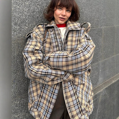 Women's Plaid Coat – Oversized, Front Zip, Boxy Fit