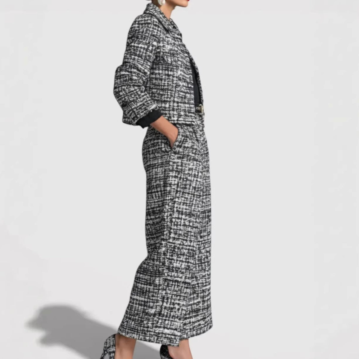 Women's Tweed Blazer Set – Wide-Leg Pants, Textured Woven