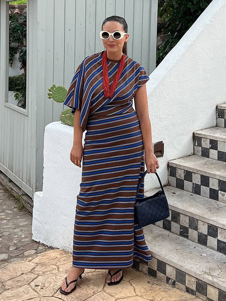 Women's Maxi Dress – Asymmetrical Cape Sleeve, Striped