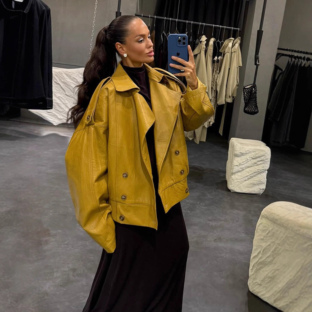 Women's Leather Jacket – Balloon Sleeves, Double-Breasted