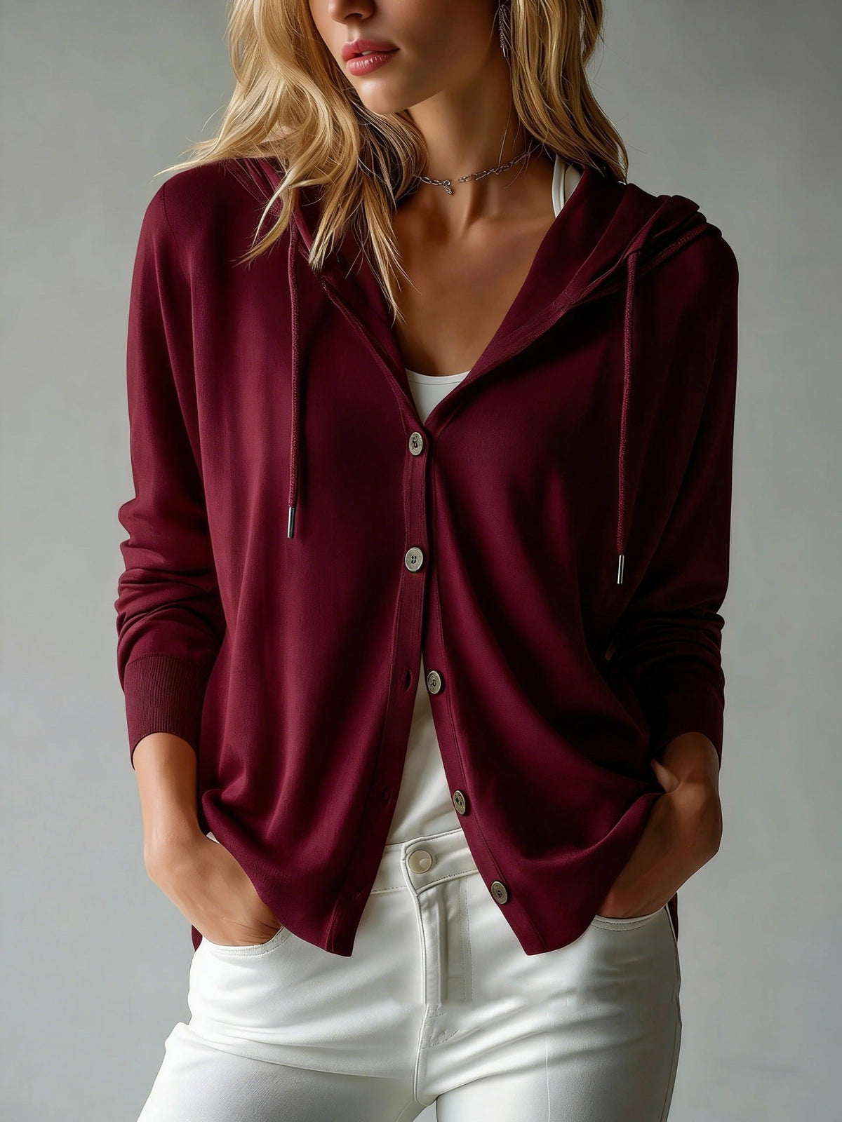 Women's Hooded Cardigan – Button Front, Drawstring