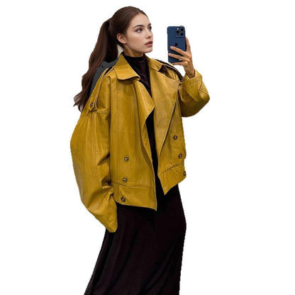 Women's Leather Jacket – Balloon Sleeves, Double-Breasted