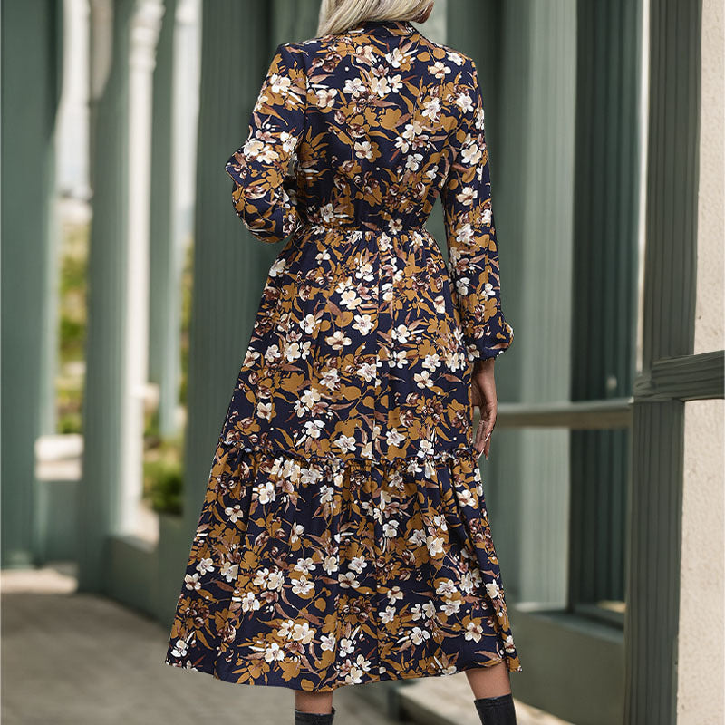 Women's Midi Dress – Floral, Long Sleeve, Tiered Hem