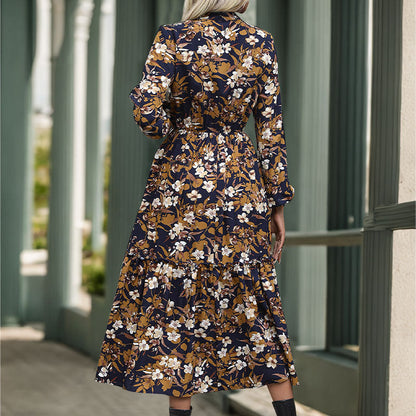 Women's Midi Dress – Floral, Long Sleeve, Tiered Hem