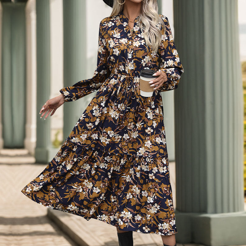 Women's Midi Dress – Floral, Long Sleeve, Tiered Hem