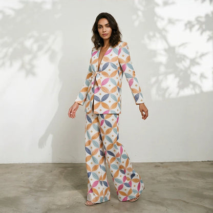 Women's Two-Piece Set – Jacquard Blazer, Wide-Leg Pants