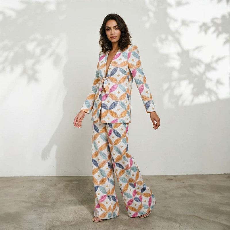 Women's Matching Set – Jacquard Blazer, Wide-Leg Pants
