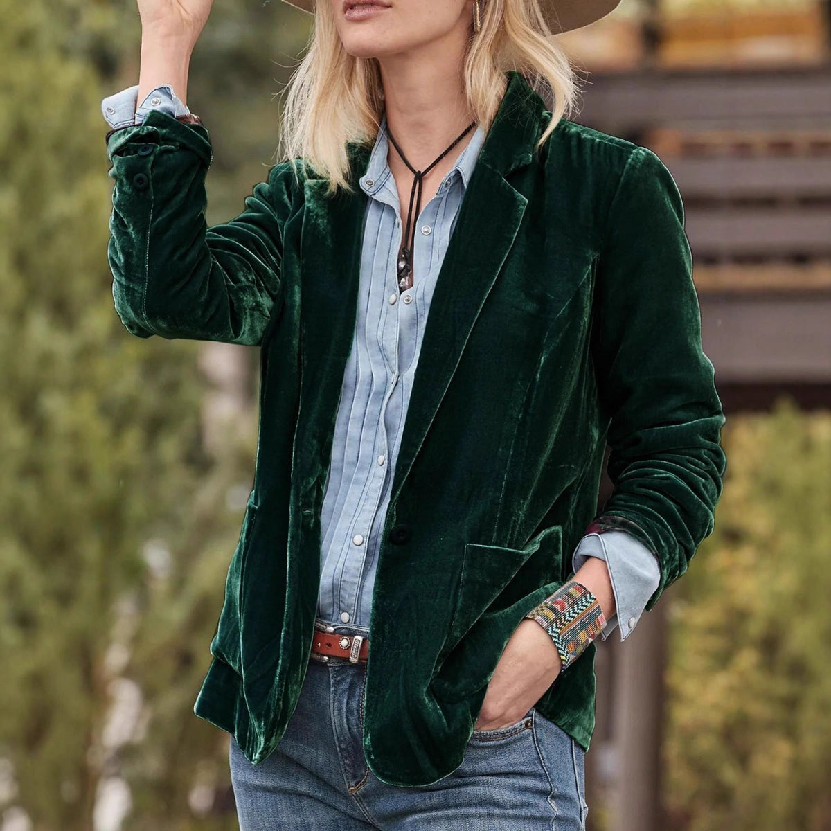 Women's Velvet Blazer – Single-Button, Notch Lapel, Relaxed Fit