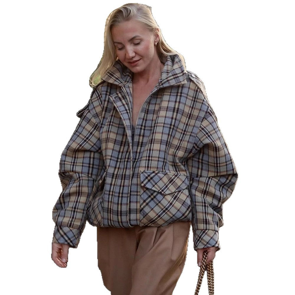 Women's Plaid Coat – Oversized, Front Zip, Boxy Fit