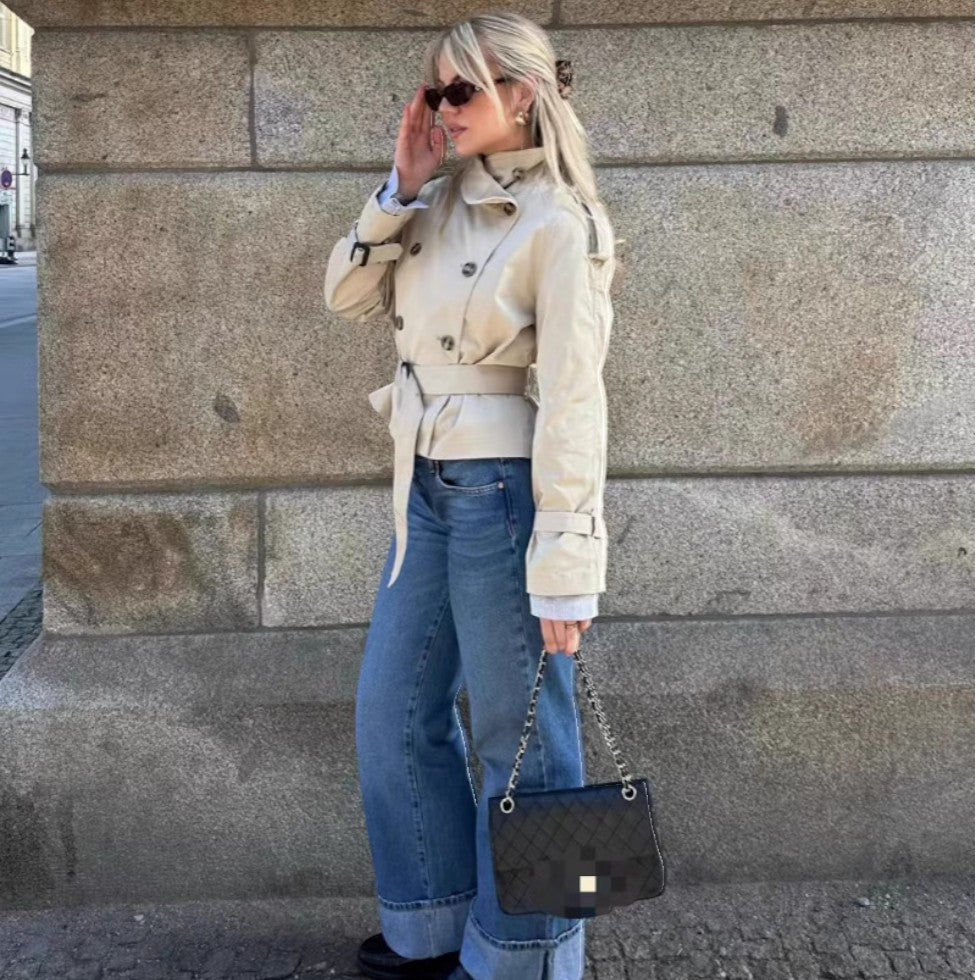 Women's Short Trench Jacket with High Collar and Belt