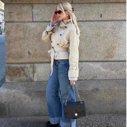 Women's Short Trench Jacket with High Collar and Belt