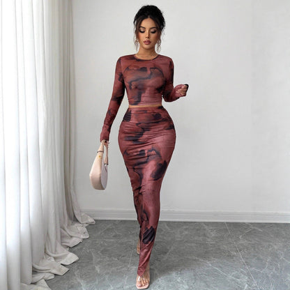Women's Two-Piece Set – Ruched Mesh, Side Slit, Midi