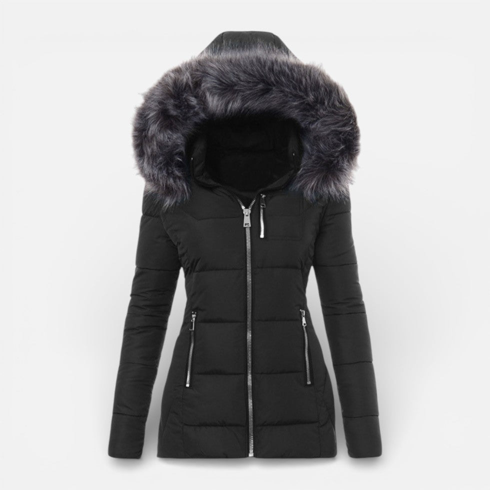 Women's Quilted Hooded Jacket with Faux Fur Trim