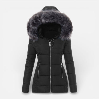 Women's Quilted Hooded Jacket with Faux Fur Trim