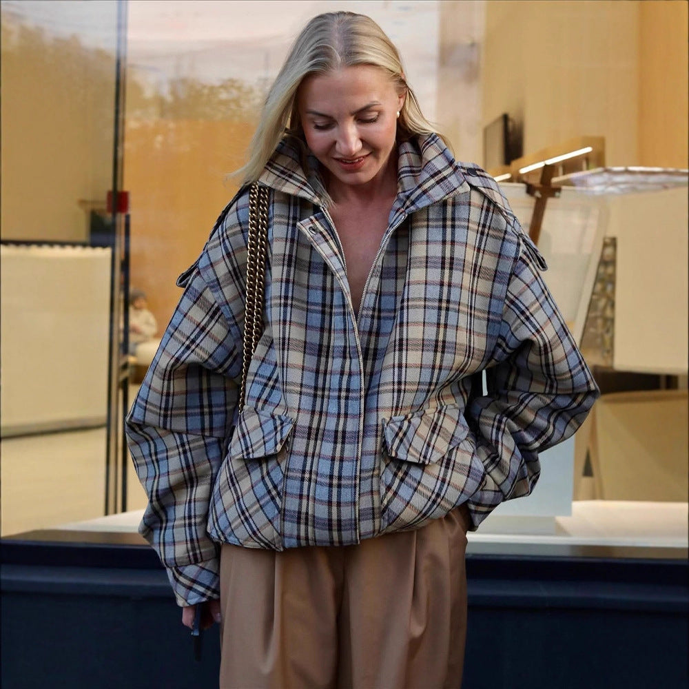 Women's Plaid Coat – Oversized, Front Zip, Boxy Fit