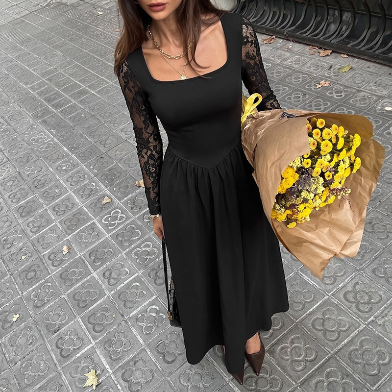 Women's Midi Dress – Lace Long Sleeve, Square Neck
