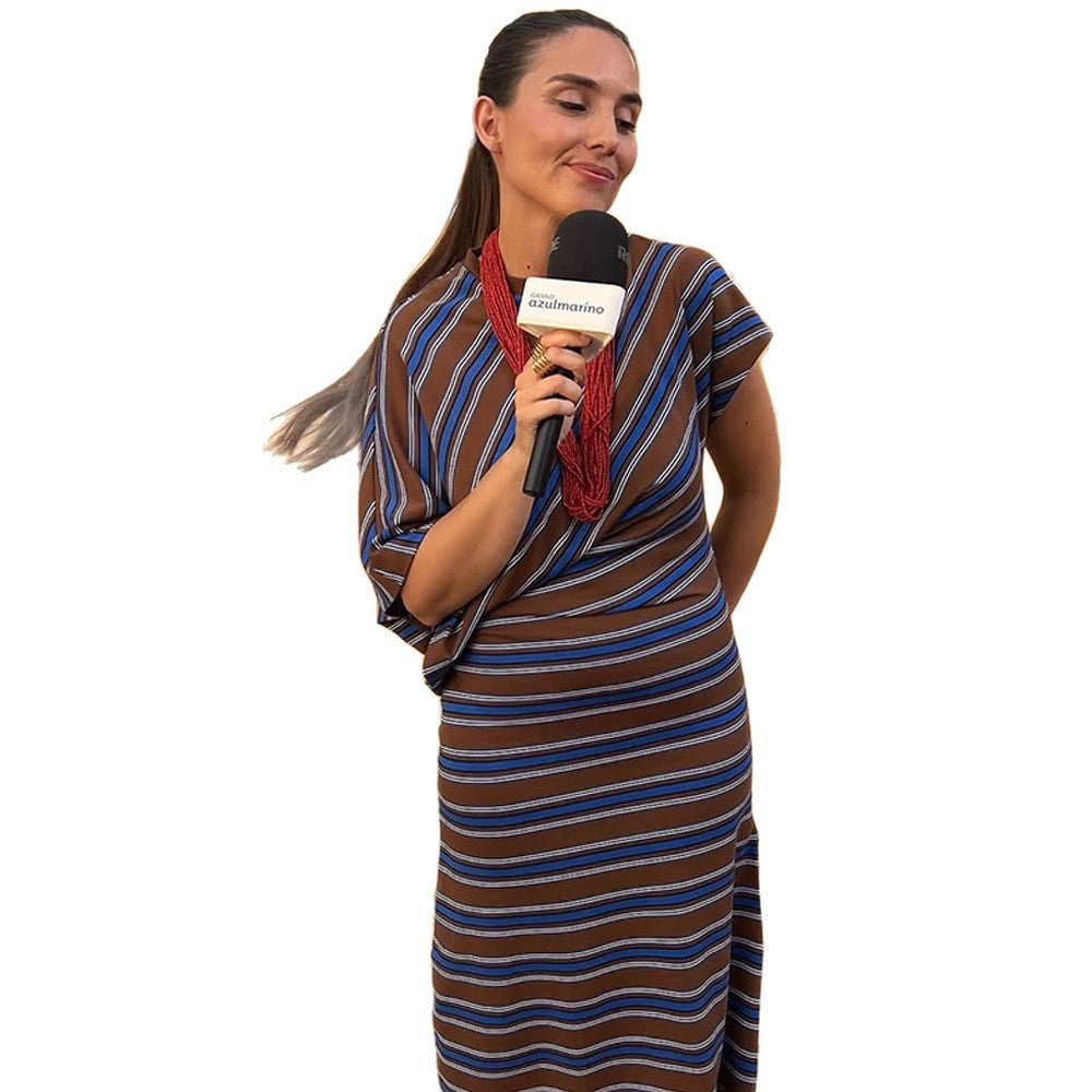 Women's Maxi Dress – Asymmetrical Cape Sleeve, Striped