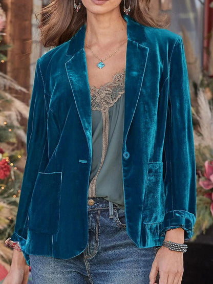 Women's Velvet Blazer – Single-Button, Notch Lapel, Relaxed Fit