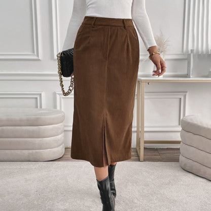 Women's Corduroy Midi Skirt – Front Slit, Elastic Waistband