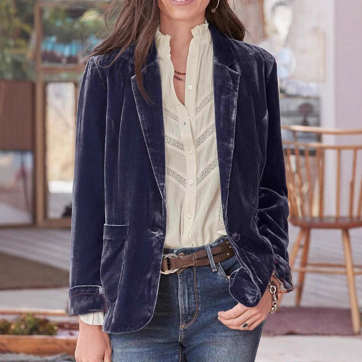 Women's Velvet Blazer – Single-Button, Notch Lapel, Relaxed Fit