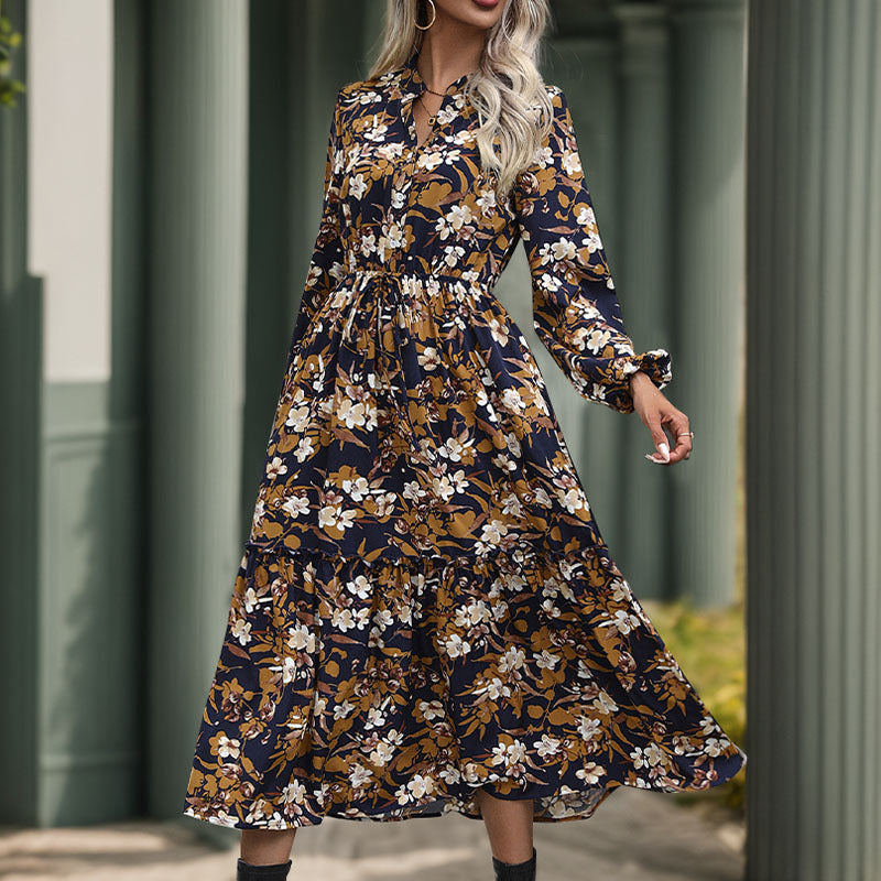 Women's Midi Dress – Floral, Long Sleeve, Tiered Hem