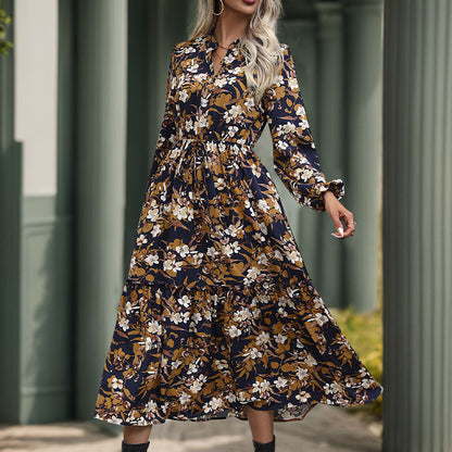 Women's Midi Dress – Floral, Long Sleeve, Tiered Hem
