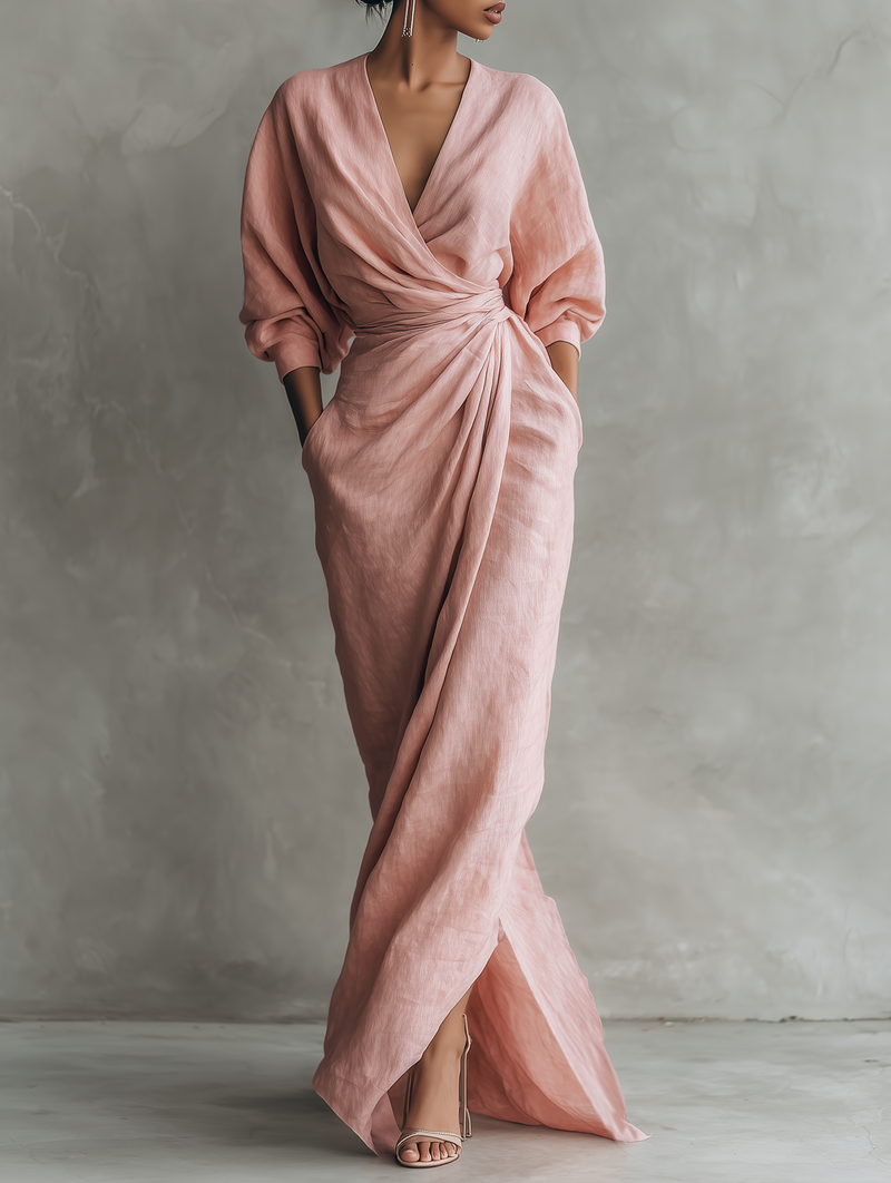 Rosalind | Women's Elegant V-Neck Draped Maxi Dress Long Sleeve