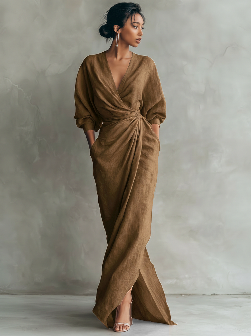Rosalind | Women's Elegant V-Neck Draped Maxi Dress Long Sleeve