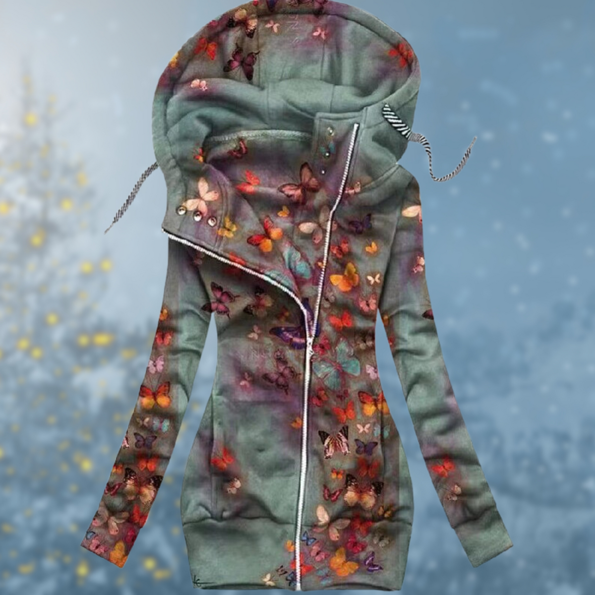 Women's Long Zip Hoodie – Heart Print, Asymmetrical Zip