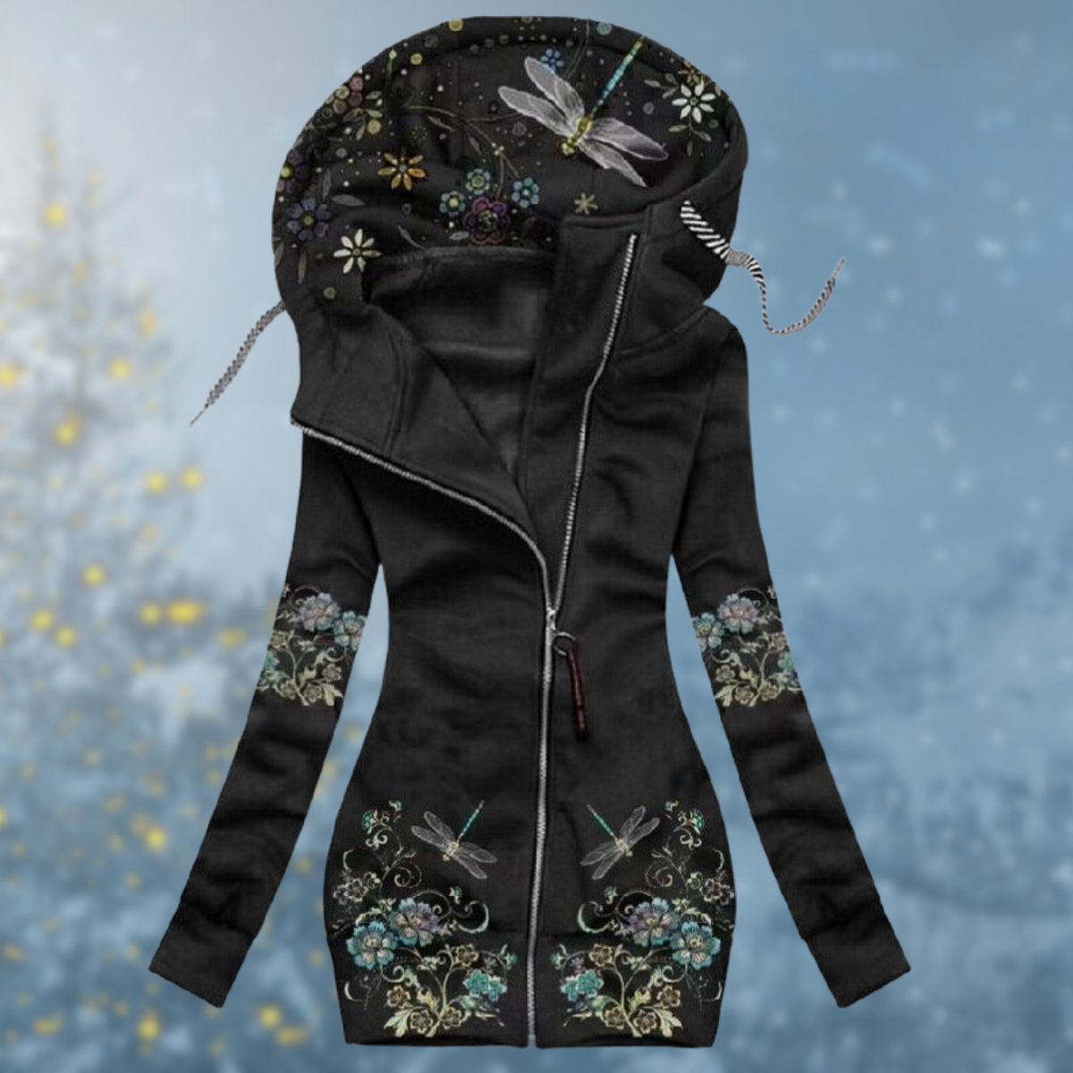 Women's Long Zip Hoodie – Heart Print, Asymmetrical Zip