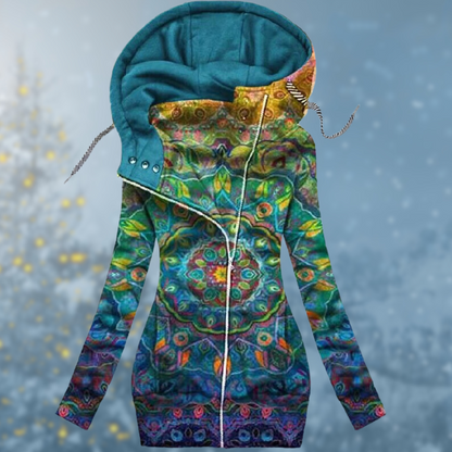 Women's Long Zip Hoodie – Heart Print, Asymmetrical Zip