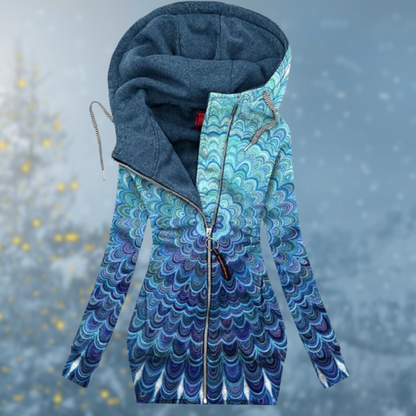 Women's Long Zip Hoodie – Heart Print, Asymmetrical Zip