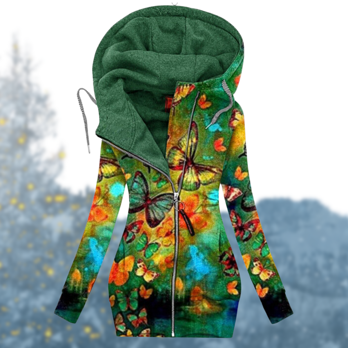 Women's Long Zip Hoodie – Heart Print, Asymmetrical Zip