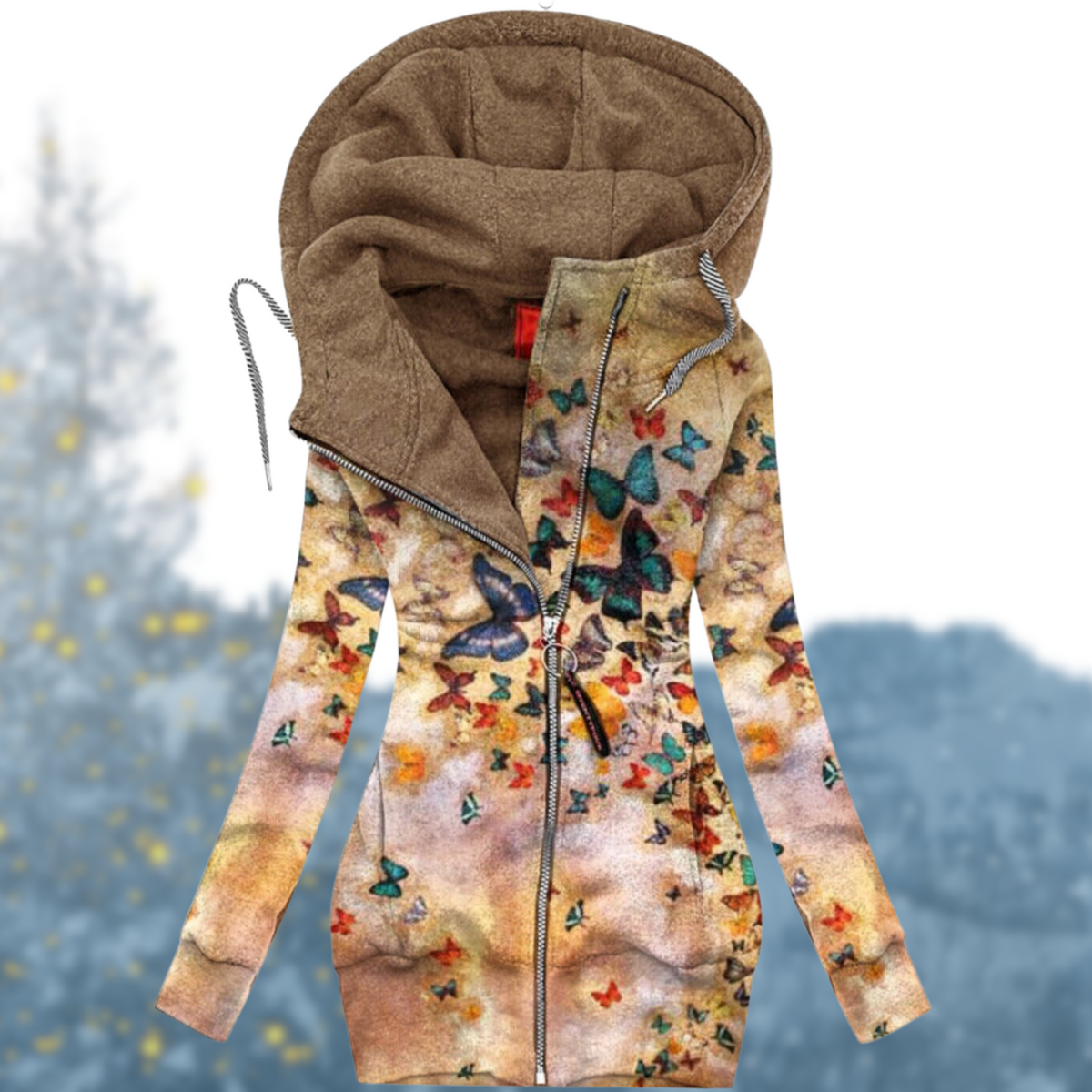 Women's Long Zip Hoodie – Heart Print, Asymmetrical Zip