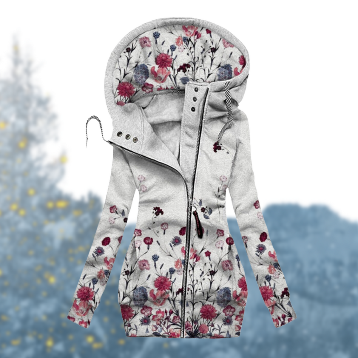 Women's Long Zip Hoodie – Heart Print, Asymmetrical Zip