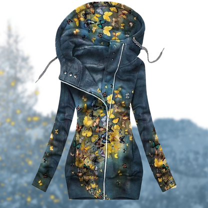 Women's Long Zip Hoodie – Heart Print, Asymmetrical Zip